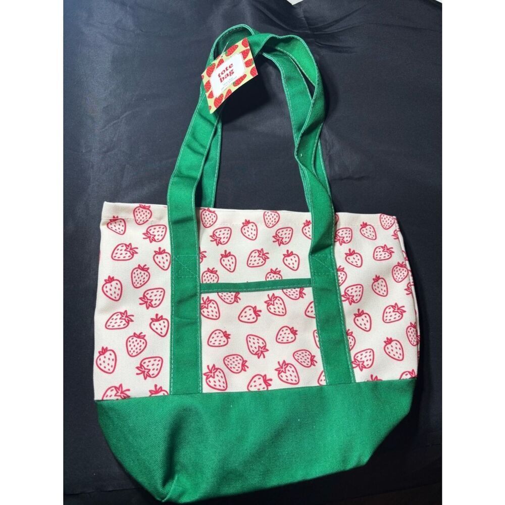 New Canvas Strawberry Print Tote Bag with Green Trim